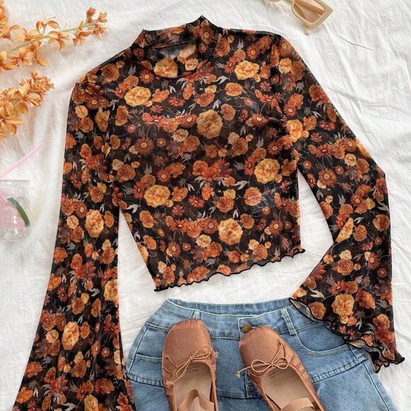Multicolor Casual Women's Ditsy Floral Stand Collar Flare Sleeve mesh top - Picture 1 of 10